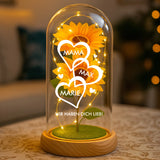 Ewige Sonnenblume im Glas LED Deko mit gedruckten Herzen mit Namen - personalisierte Geschenkidee von Love & Faith
