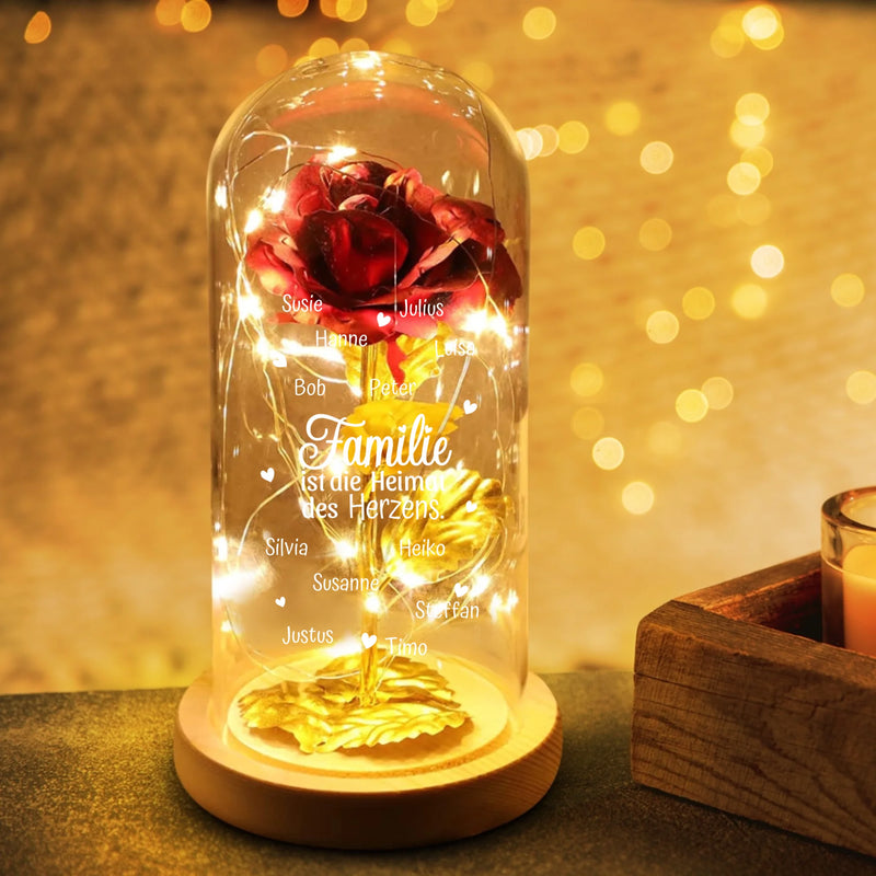 Ewige Rose "Familie ist die Heimat des Herzens" bis 13 Namen graviert  auf die Glaskuppel mit LED Licht personalisiert als Geschenk für Familie von Love & Faith