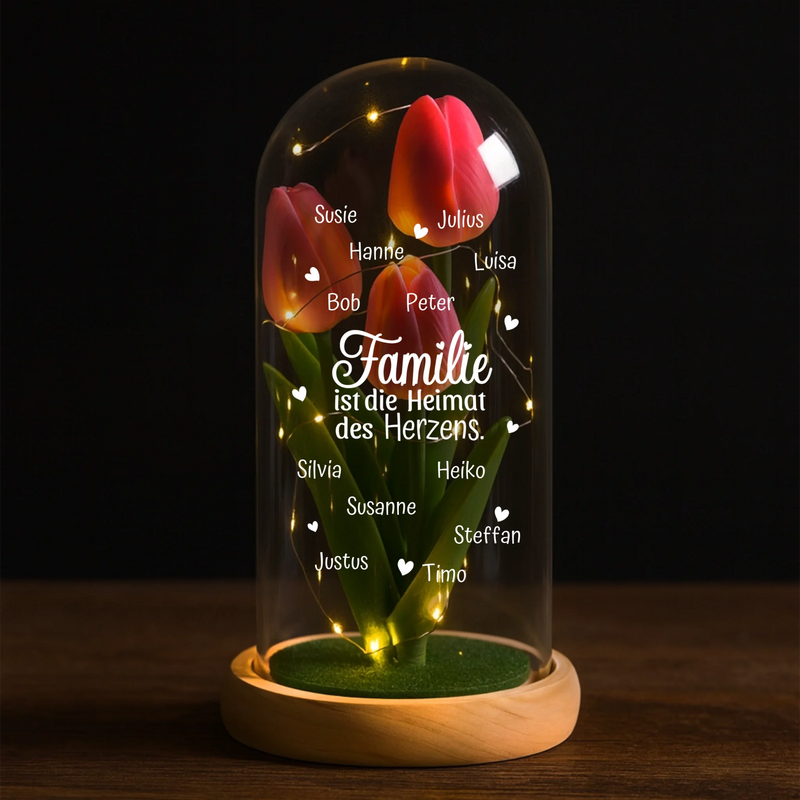 Ewige Tulpe "Familie ist die Heimat des Herzens" bis 13 Namen graviert  auf die Glaskuppel mit LED Licht personalisiert als Geschenk für Familie von Love & Faith