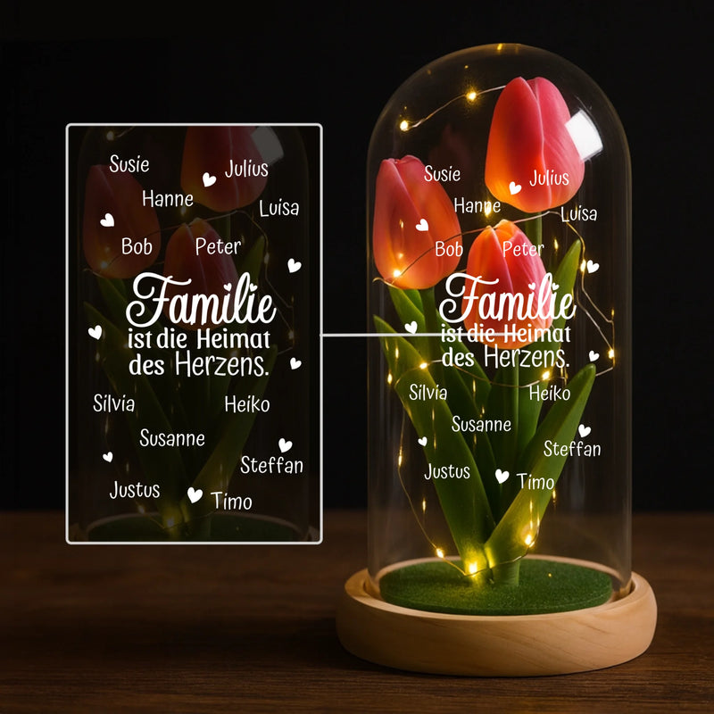 Ewige Tulpe "Familie ist die Heimat des Herzens" bis 13 Namen graviert  auf die Glaskuppel mit LED Licht personalisiert als Geschenk für Familie von Love & Faith