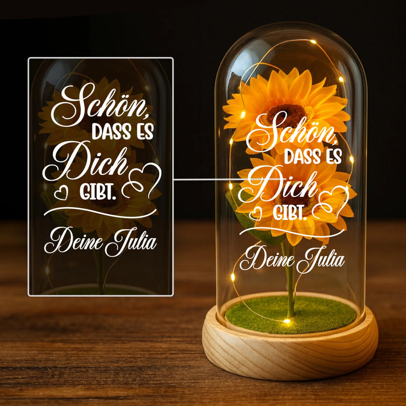 Ewige Sonnenblume "Schön, dass es dich gibt" in der Glaskuppel mit LED Licht personalisiert von Love & Faith