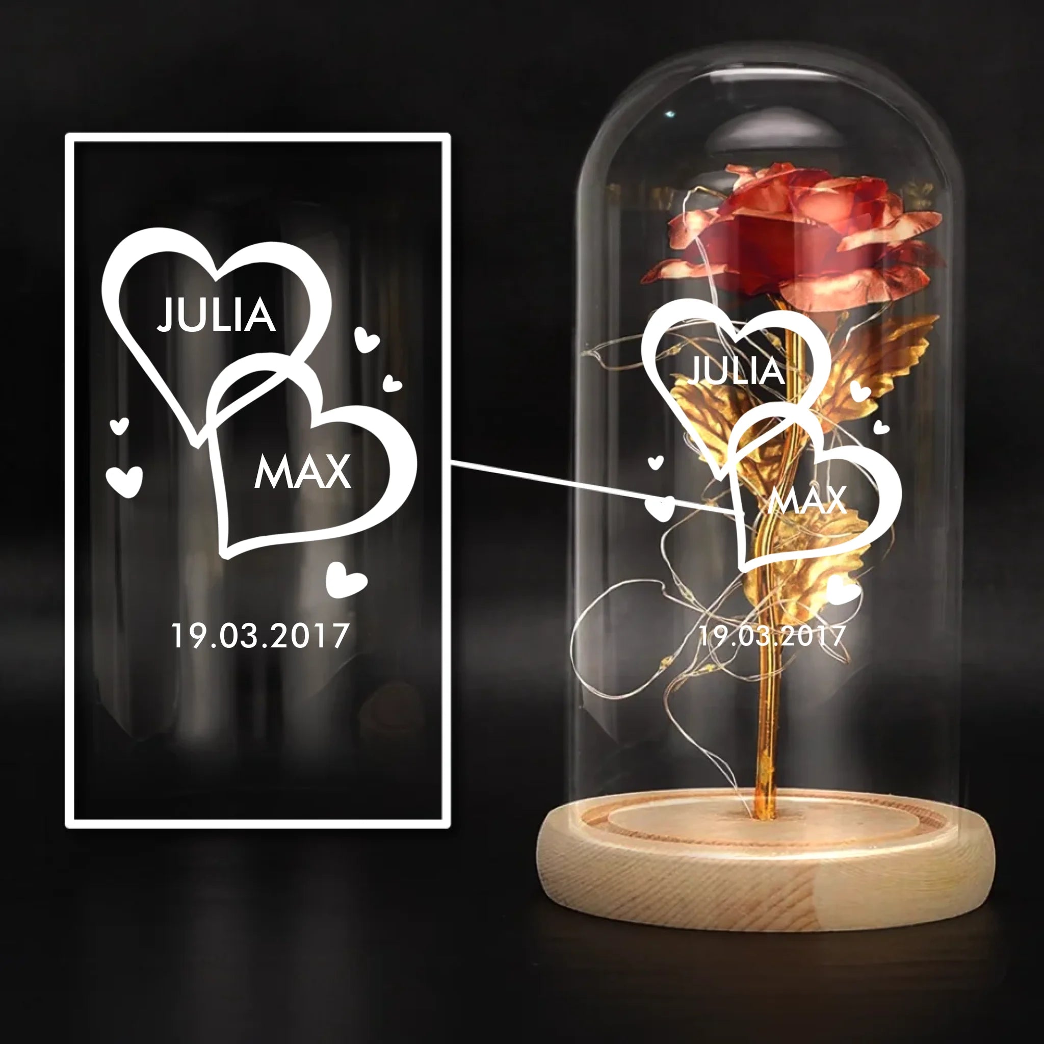 Ewige Rose mit Namen als Partnergeschenk in der Glaskuppel mit LED Licht personalisiert von Love & Faith