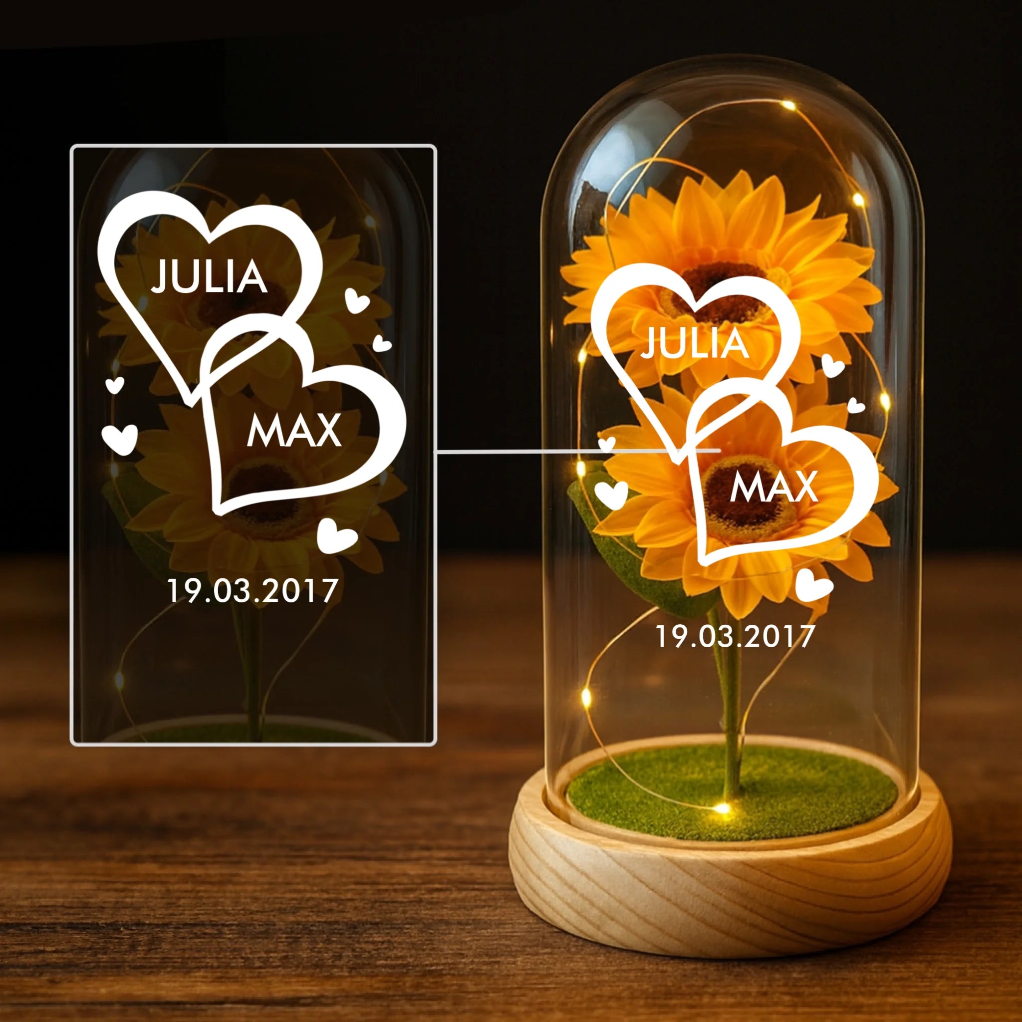 Ewige Sonnenblume mit Namen als Partnergeschenk in der Glaskuppel mit LED Licht personalisiert von Love & Faith