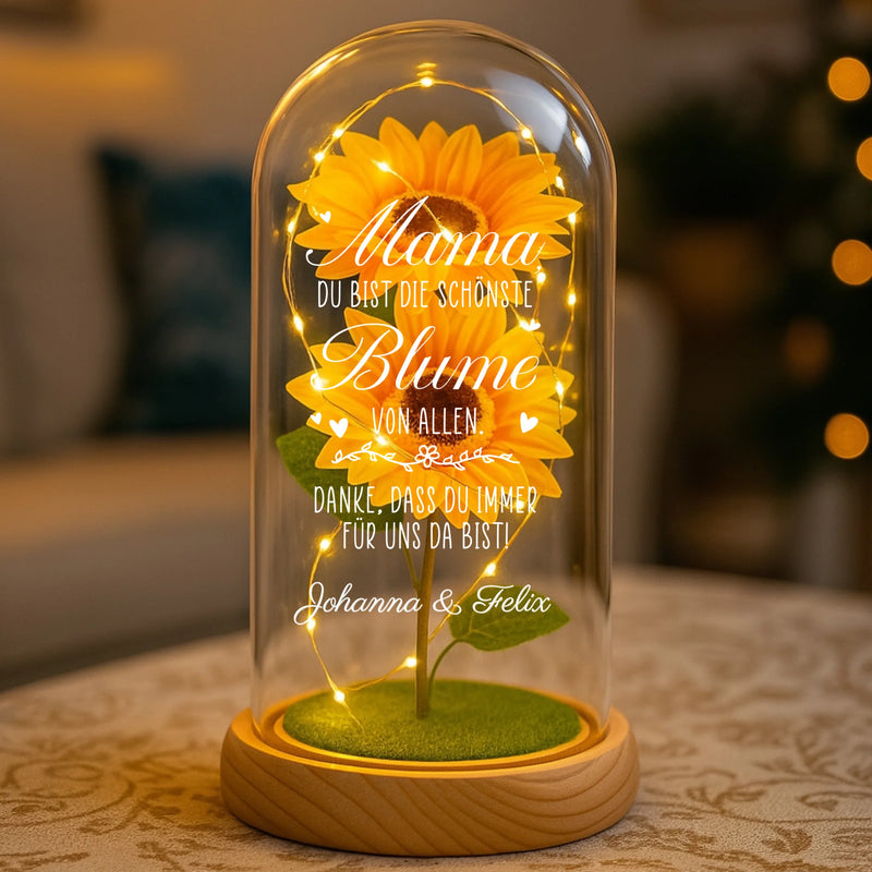 Personalisierte Ewige Sonnenblume in der Glaskuppel für "Mama, die schönste Blume der Welt" mit Namen zum Muttertag von Love & Faith
