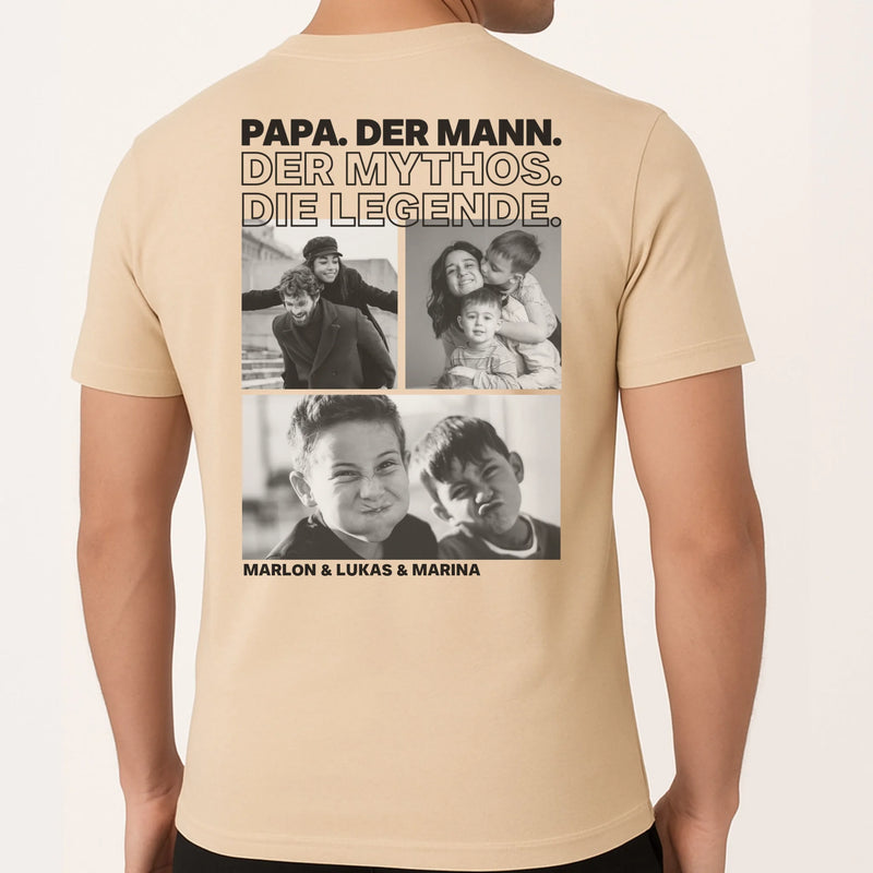 Sand T-Shirt mit Backprint für Papa mit Spruch und eigenen Fotos personalisieren mit Love & Faith