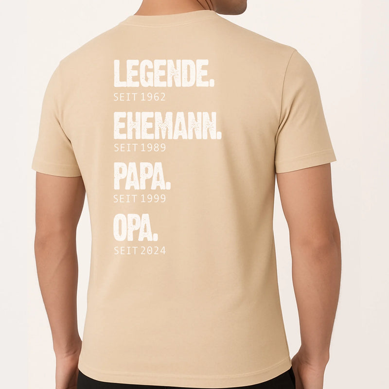 Beige T-Shirt mit Backprint für Papa mit Spruch personalisieren mit Love & Faith