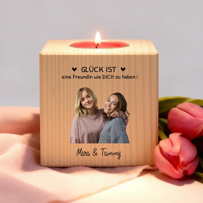 Personalisierter Teelichthalter aus Holz mit Fotoupload gestalten mit Love & Faith