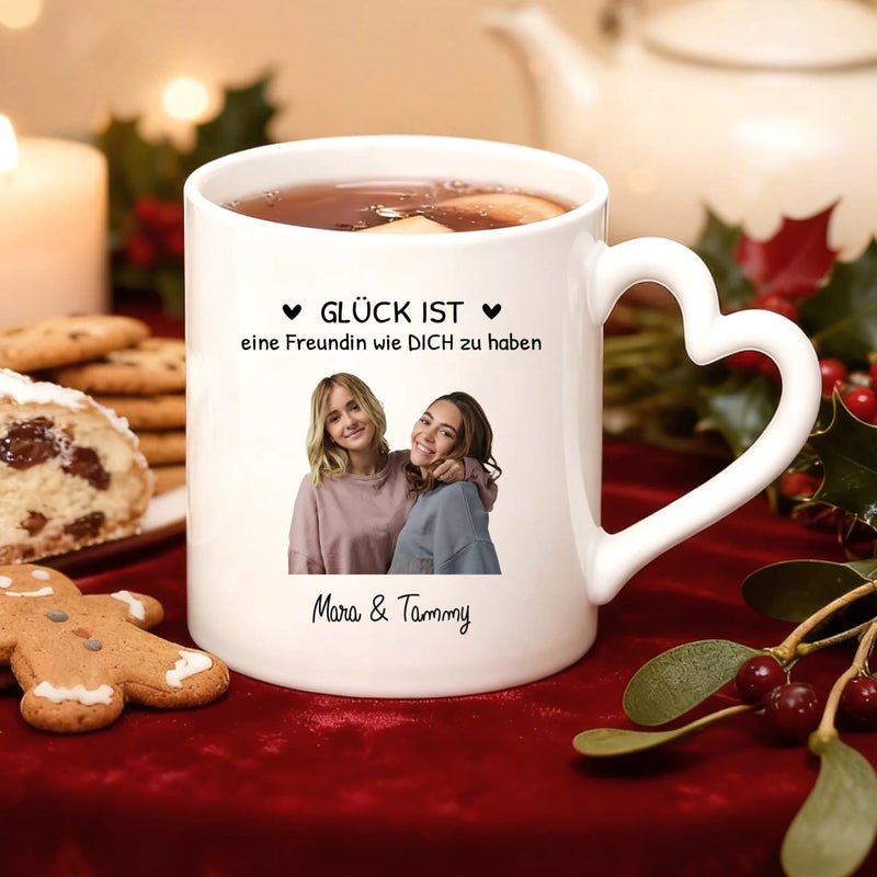 Weiße Fototasse individuell gestalten für Freundinnen Geschenk mit Love & Faith