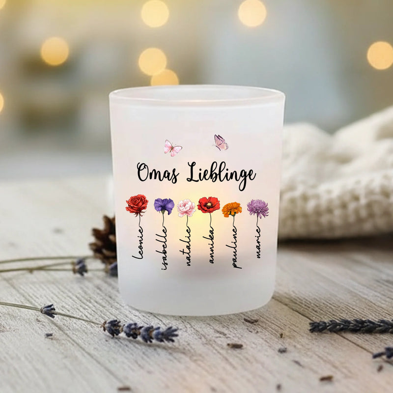 Personalisierter Teelichthalter mit Geburtsblumen personalisiert für Eltern und Großeltern von Love & Faith