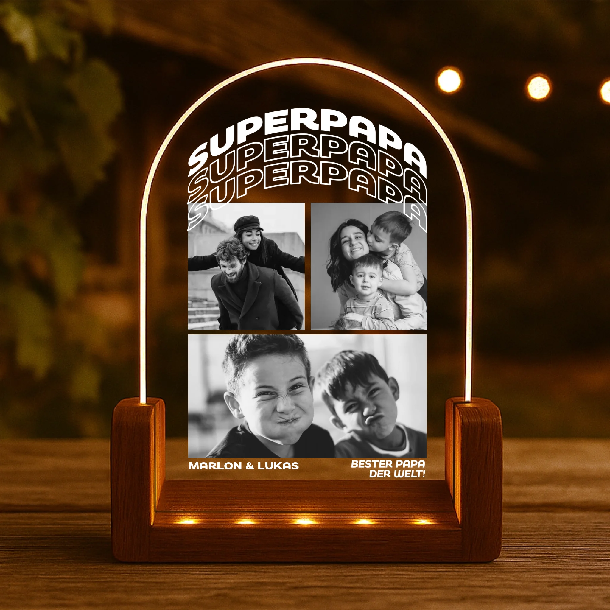 runder LED Aufsteller Portrait mit Holzsockel mit eigenen Fotos personalisiert von Love & Faith