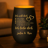 schwarz-gold Windlicht graviert mit "Ich liebe dich" als Geschenk für Partner mit Love & Faith personalisiert