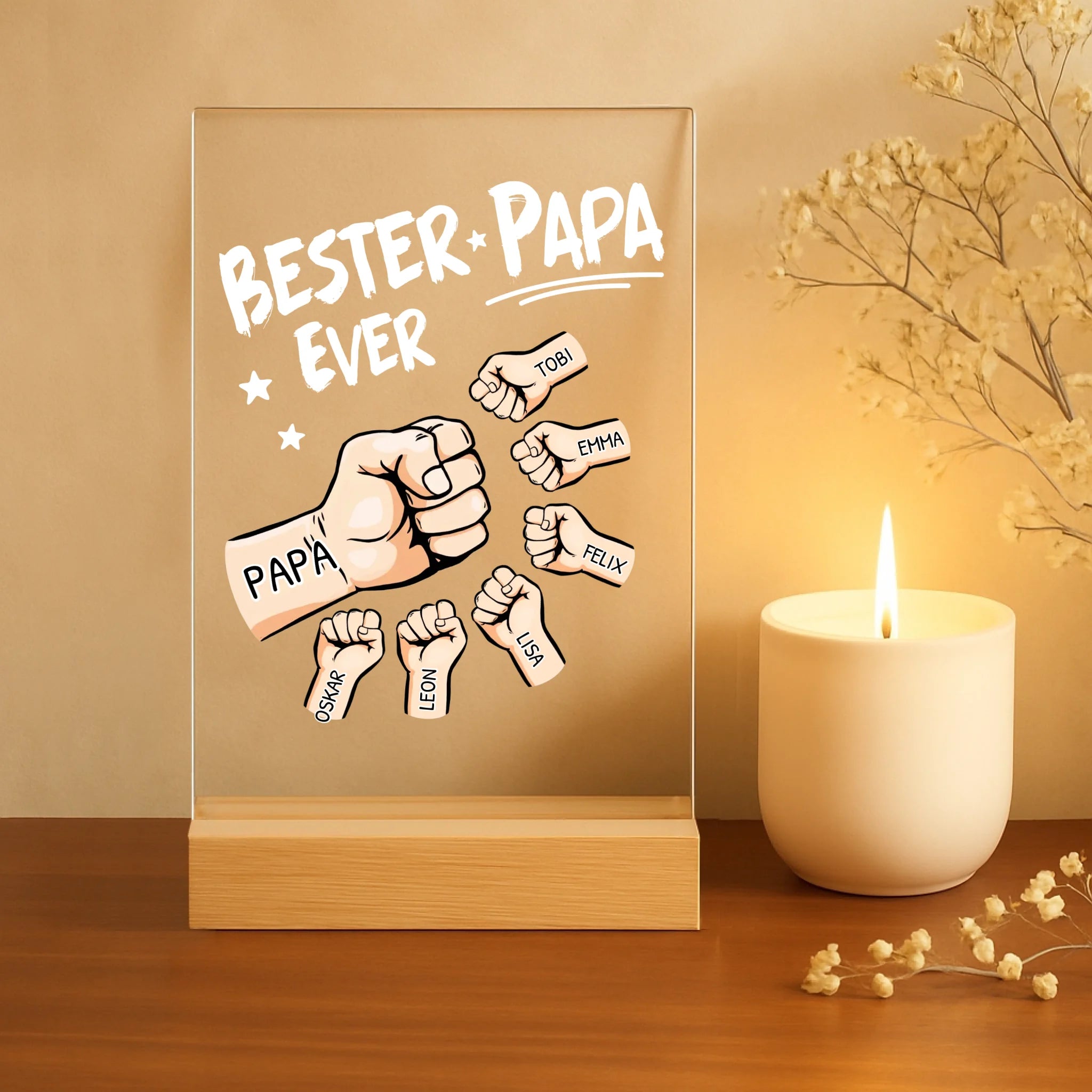 "Bester Papa Ever" Acrylaufsteller mit Holzsockel für Vatertagsgeschenk gestalten von Love & Faith