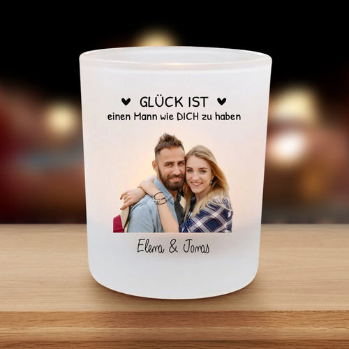 Personalisierter Teelichthalter Partner mit Foto-Upload und Spruch von Love & Faith