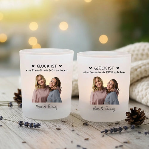 Personalisierter Teelichthalter für Freundinnen mit mit Foto-Upload und Spruch von Love & Faith