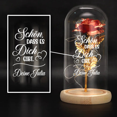 Ewige Rose "Schön, dass es dich gibt" in der Glaskuppel mit LED Licht personalisiert von Love & Faith