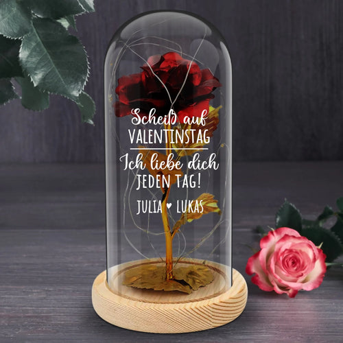 Ewige Rose "Scheiß auf Valentinstag" in der Glaskuppel mit LED Licht personalisiert als Geschenk für Partner zum Anti-Valentinstag von Love & Faith