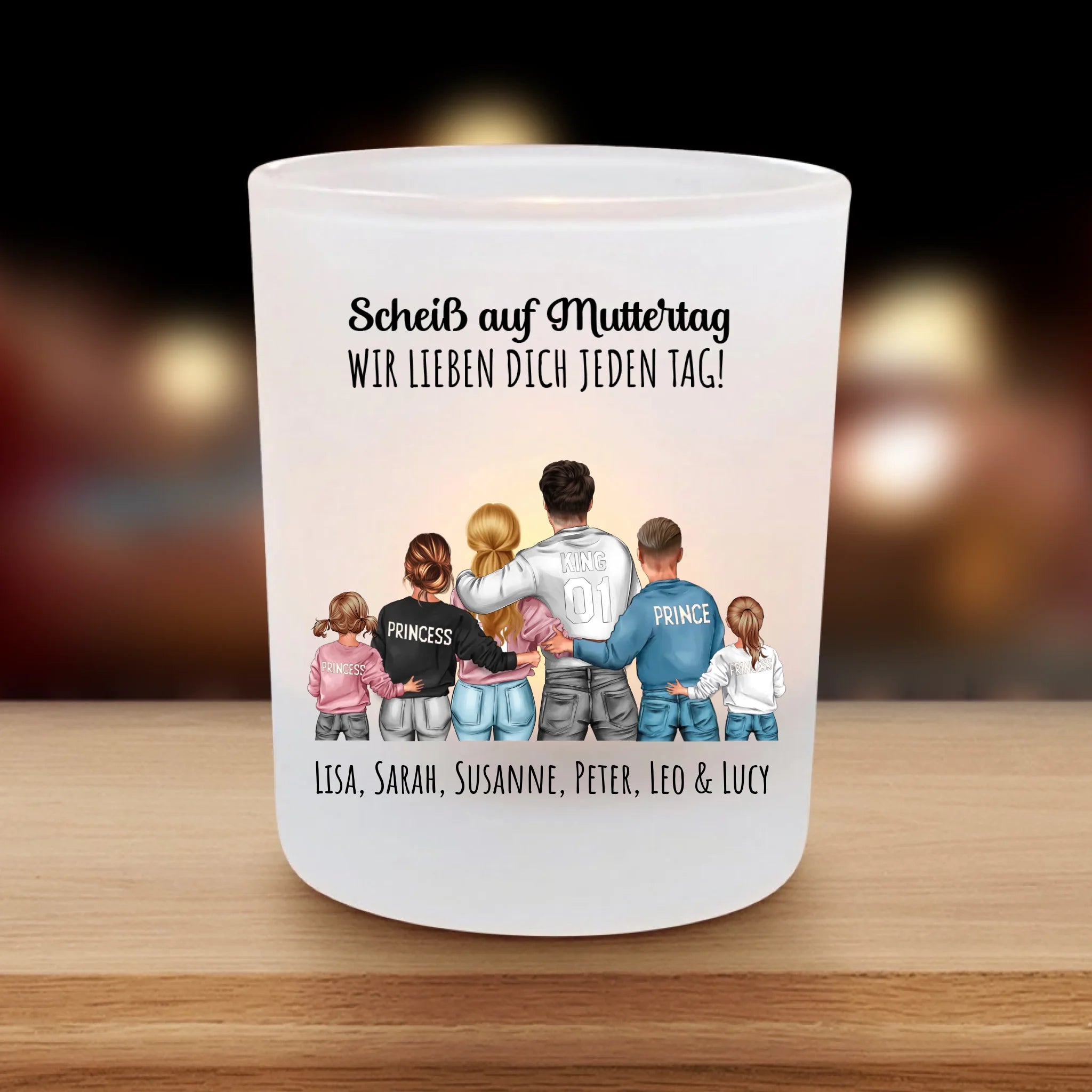 Jeden Tag - Personalisierter Teelichthalter mit Clipart und Namen für Mama und Papa