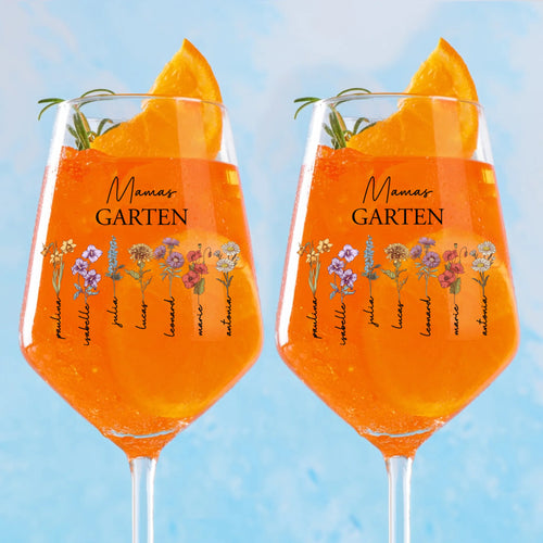 Mamas Garten - Personalisiertes Weinglas mit Namen und Blumen für Mama und Oma