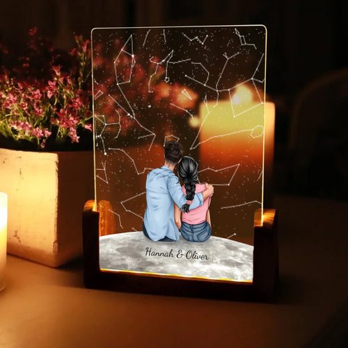 Eckiger LED Aufsteller Sternenhimmel mit Zeichnung und Namen als Geschenkidee zum Jahrestag von Love & Faith