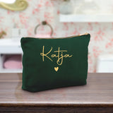 Personalisierte Samt smaragdgrün Kosmetiktasche für MakeUp und Kosmetika mit Namen von Love & Faith
