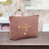 Personalisierte Samt rosequartz Kosmetiktasche für MakeUp und Kosmetika mit Namen von Love & Faith