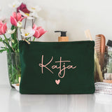Personalisierte Samt Kosmetiktasche smaragdgrün rosemetallic zum selbst gestalten mit Namen mit Love & Faith