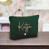 Personalisierte Samt Kosmetiktasche smaragdgrün rosemetallic zum selbst gestalten mit Namen mit Love & Faith