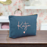 Personalisierte Samt Kosmetiktasche blau rosemetallic zum selbst gestalten mit Namen mit Love & Faith