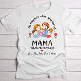 WeißesT-Shirt für Frauen mit Spruch "Mama Frohen Muttertag" Mit personalisierter Familienzeichnung und Namen - Individuelle Geschenkidee zum Muttertag von Love & Faith
