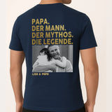 Blaues T-Shirt mit Backprint für Papa mit Spruch und eigenem Foto personalisieren mit Love & Faith