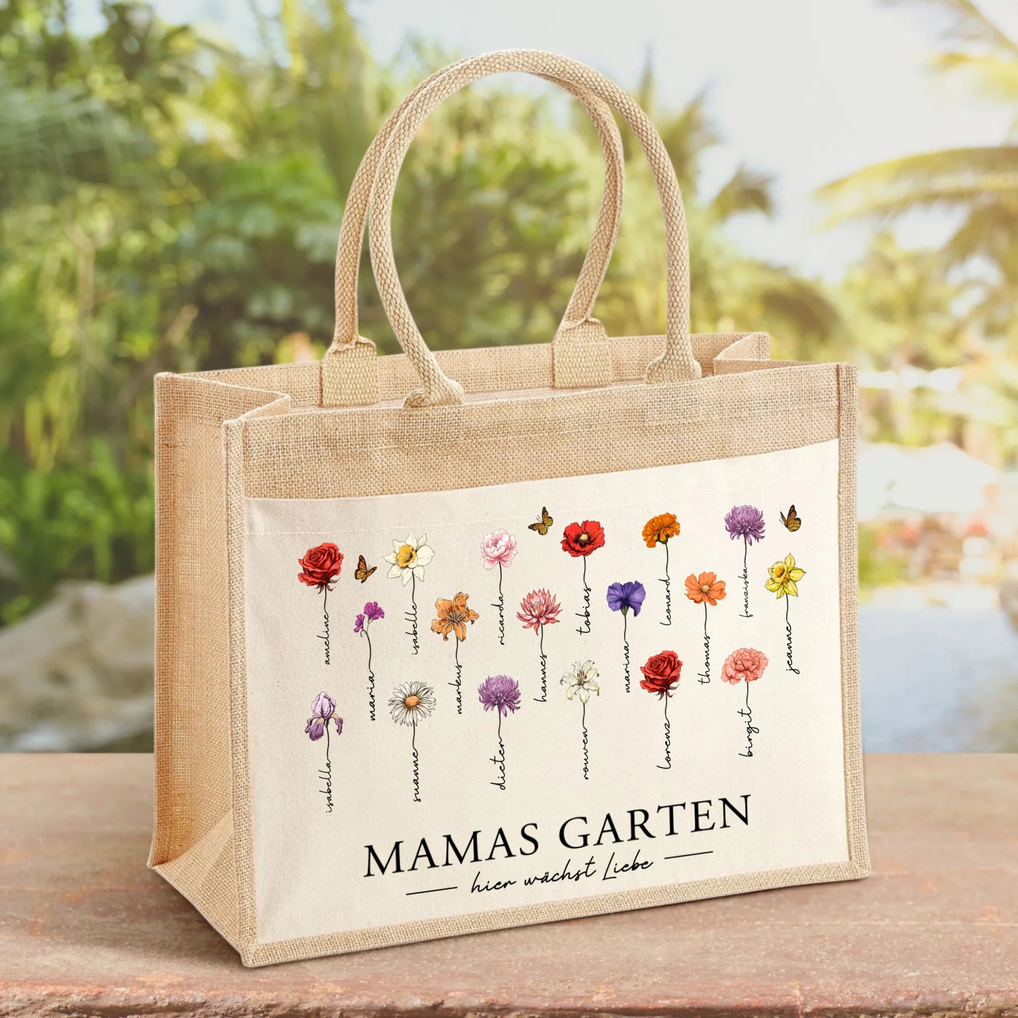 Hier wächst Liebe - Personalisierte Tasche mit Blumen und Namen für Mama und Oma