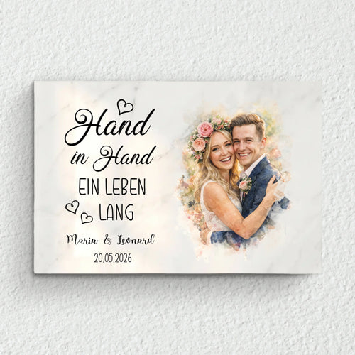 Hand in Hand - Personalisierte Leinwand mit Wasserfarben-Effekt für Hochzeit und Jahrestag