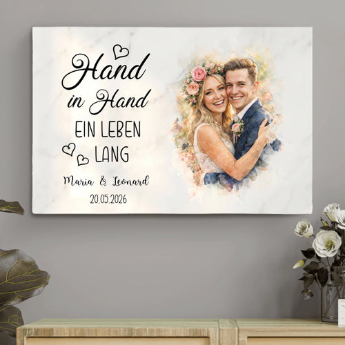 Hand in Hand - Personalisierte Leinwand mit Wasserfarben-Effekt für Hochzeit und Jahrestag