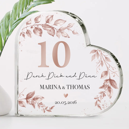 Rosen Hochzeit - Personalisiertes Glasherz für Paare zum 10. Hochzeitstag