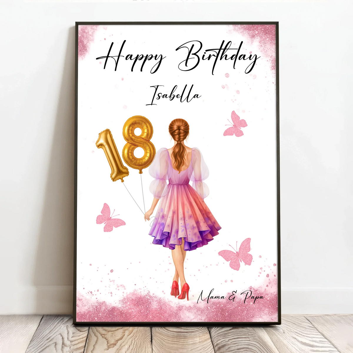 Personalisiertes Poster zum Geburtstag für Frauen mit Ballonzahl Happy Birthday