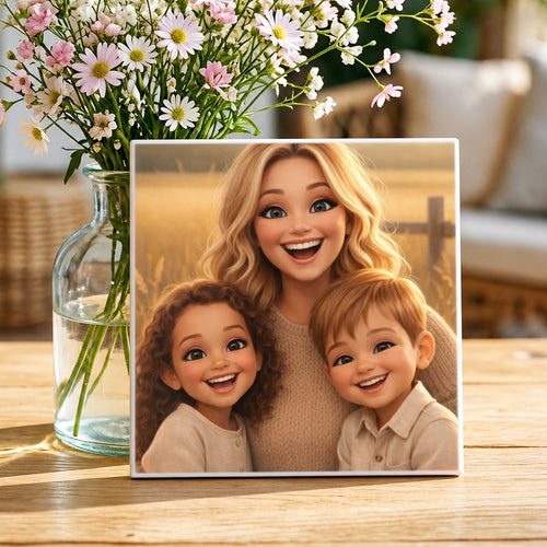 Personalisierte Deko-Fliese für Mama mit Fotoupload und Cartoon-Effekt Cartoon Love Mama