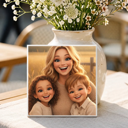 Personalisierte Deko-Fliese für Mama mit Fotoupload und Cartoon-Effekt Cartoon Love Mama – Motiv 2