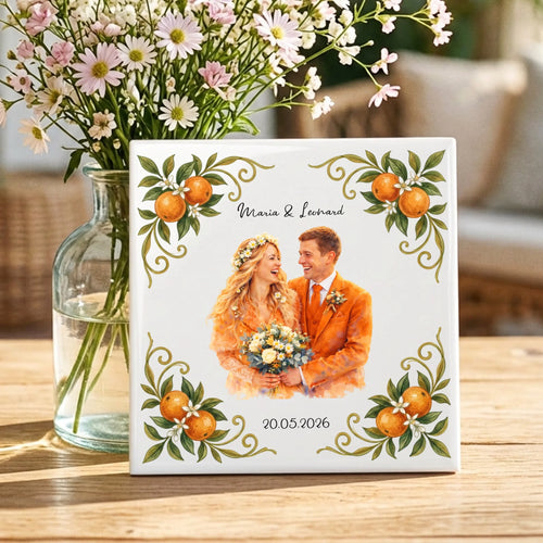 Personalisierte Deko-Fliese für Paare mit Fotoupload und Wasserfarben-Effekt Sommer Liebe