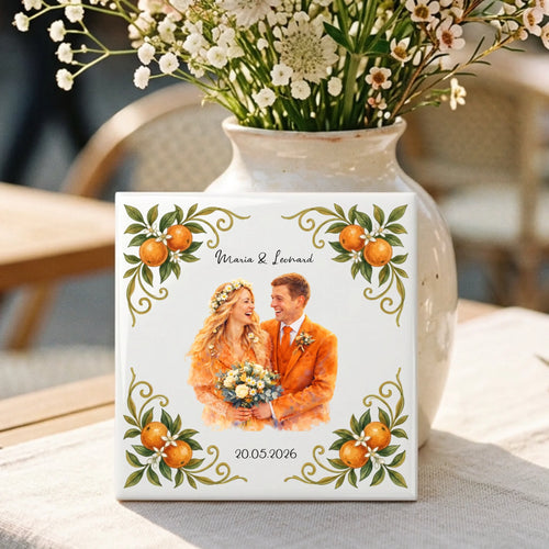 Personalisierte Deko-Fliese für Paare mit Fotoupload und Wasserfarben-Effekt Sommer Liebe – Motiv 2