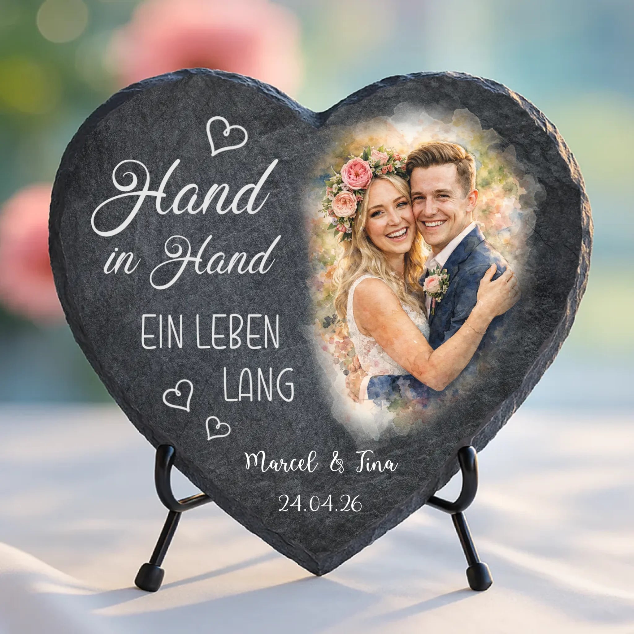 Personalisiertes Schieferherz für Paare zur Hochzeit Hand in Hand