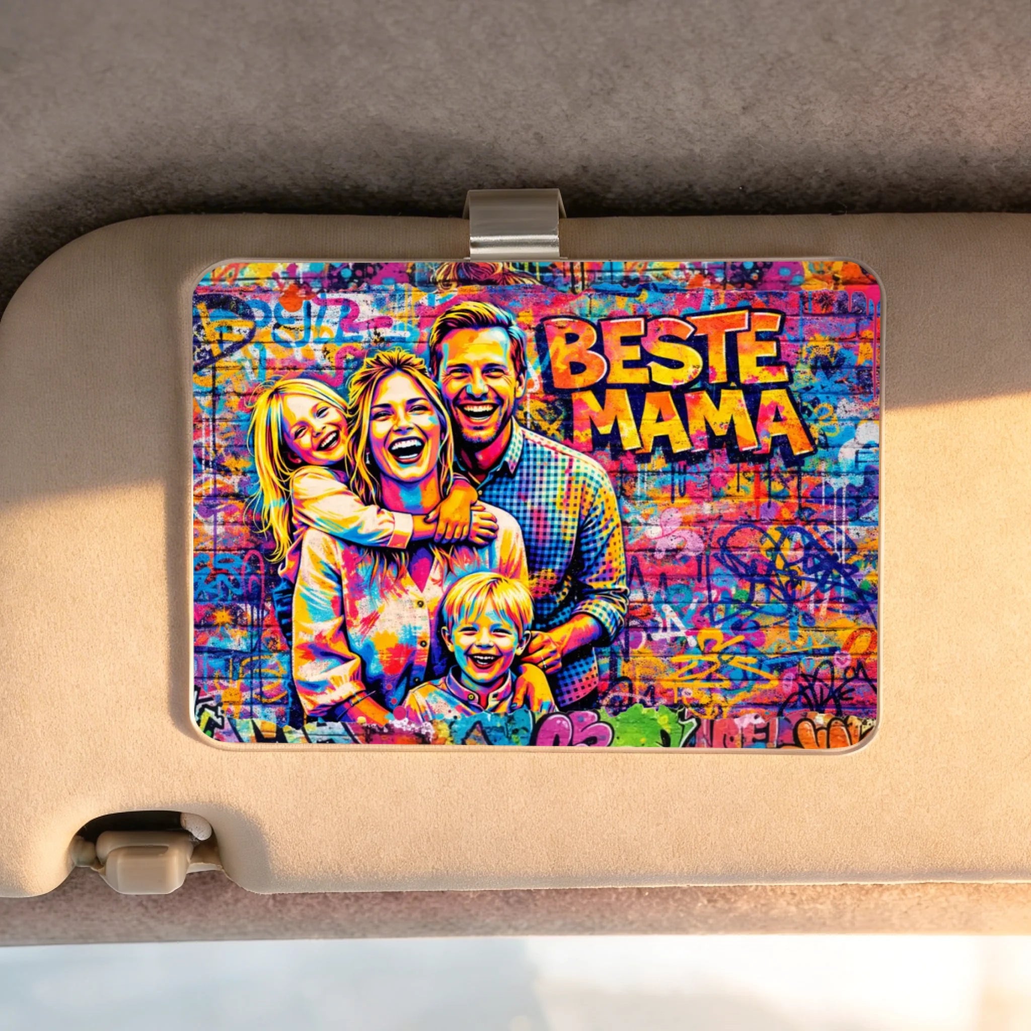 Personalisierter Clip für die Auto Sonnenblende für Mama mit Streetart-Effekt Streetart für Mama – Motiv 3
