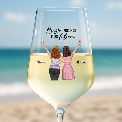 Personalisiertes Weinglas für Besties und Schwestern mit Illustration Freundinnen