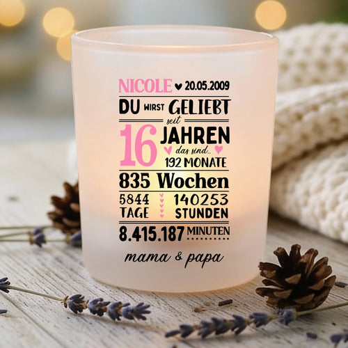 Personalisierter Teelichthalter mit Druck zum Geburtstag Du wirst geliebt