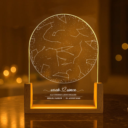 Personlisiertes Geschenk - Leuchtender runder LED Aufsteller Portrait mit Holzsockel mit eigenen Namen und Daten personalisieren