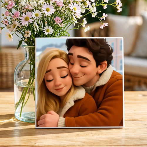 Personalisierte Deko-Fliese mit Foto zum Jahrestag – Cartoon Love