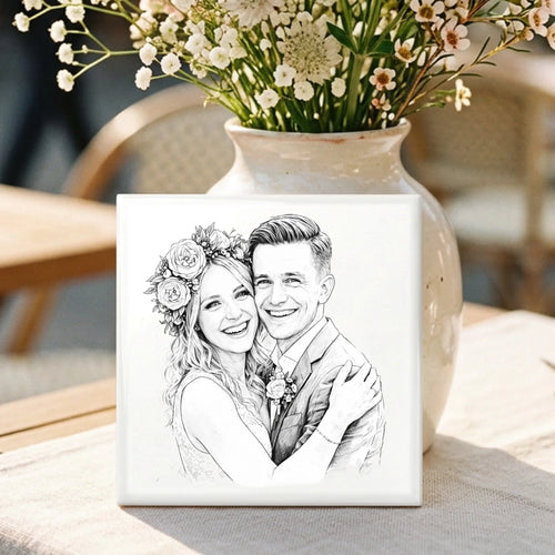 Personalisierte Deko-Fliese mit Foto Line-Art für Paare zum Jahrestag – Motiv 2