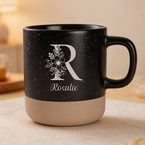Personalisierte Tasse Steingut schwarz meliert als Geschenk für Partner graviert von Love & Faith