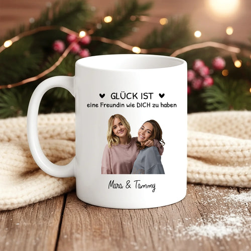 Weiße Fototasse individuell gestalten für Freundinnen Geschenk mit Love & Faith