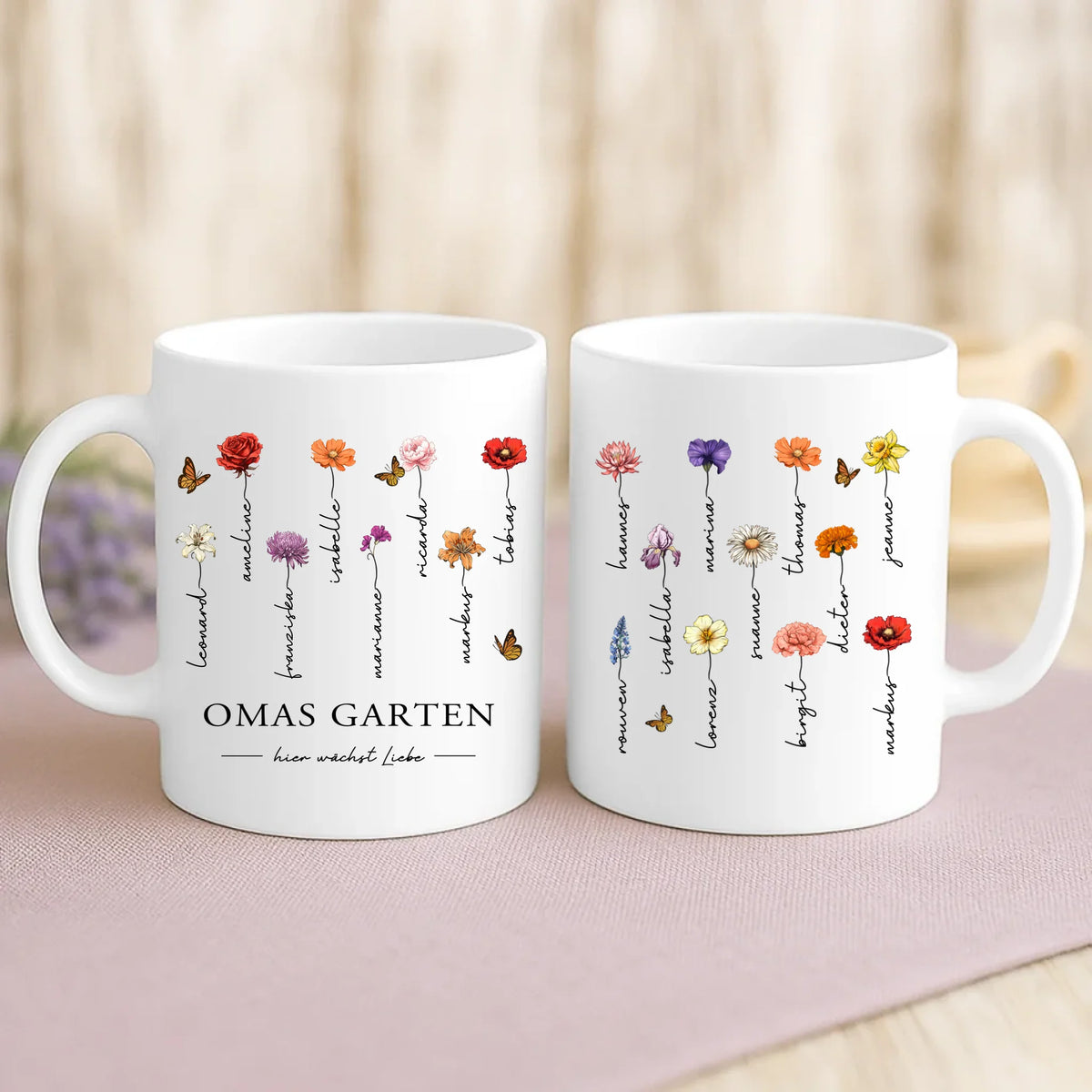 Personalisierte Blumen-Tasse mit Namen für Oma und Mama – Hier wächst Liebe