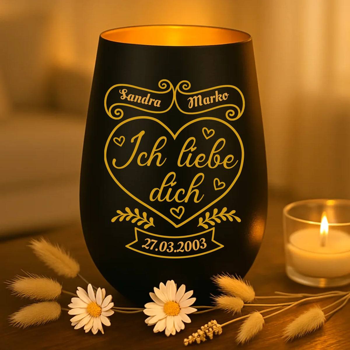 Personalisiertes Windlicht mit Gravur zum Jahrestag – Ich liebe Dich